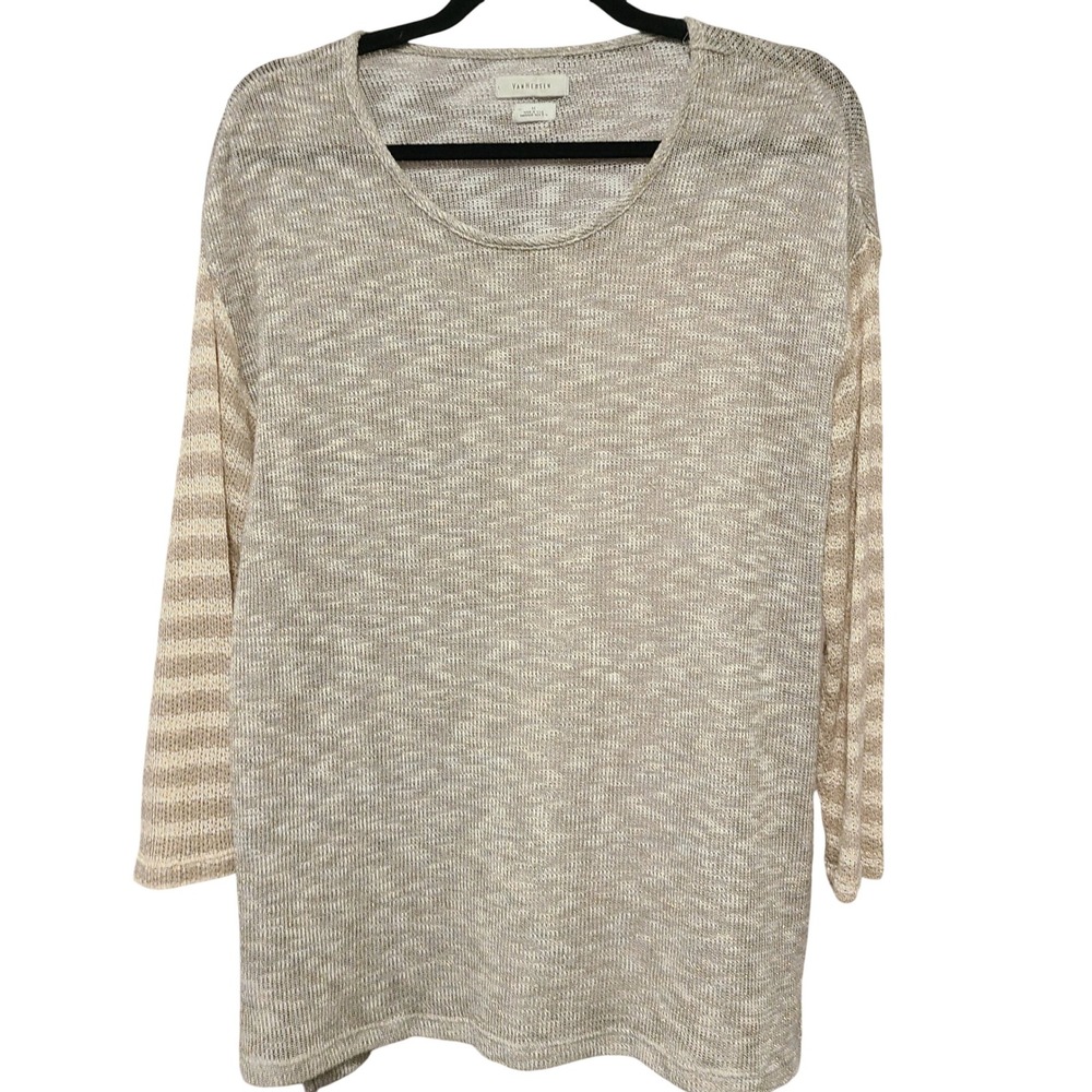 Van Heusen Womens Tan Gold Metallic Striped Sleeve Open Knit Sweater Size M USA